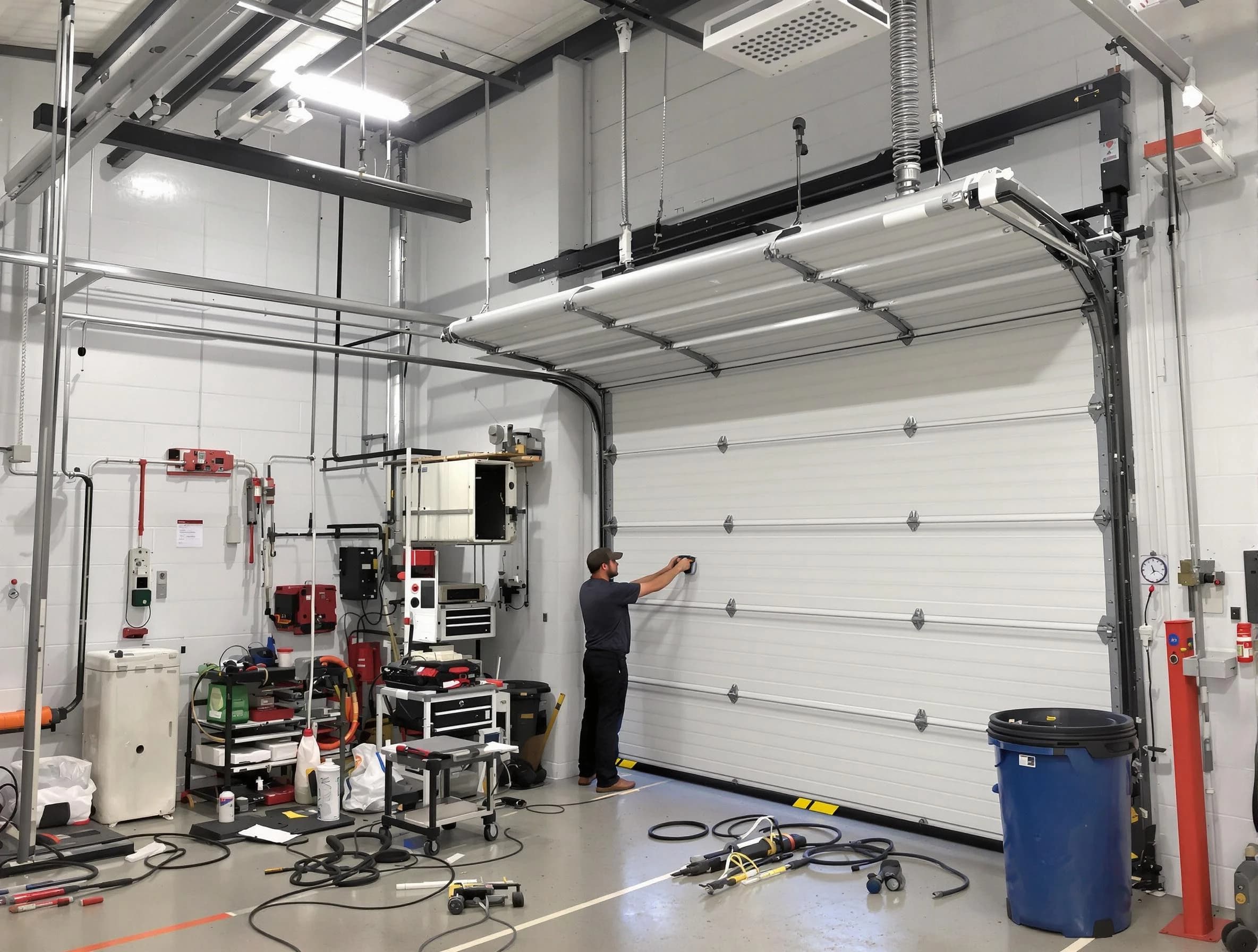 Erie Garage Door Repair certified technician performing commercial door repair at a Erie business facility