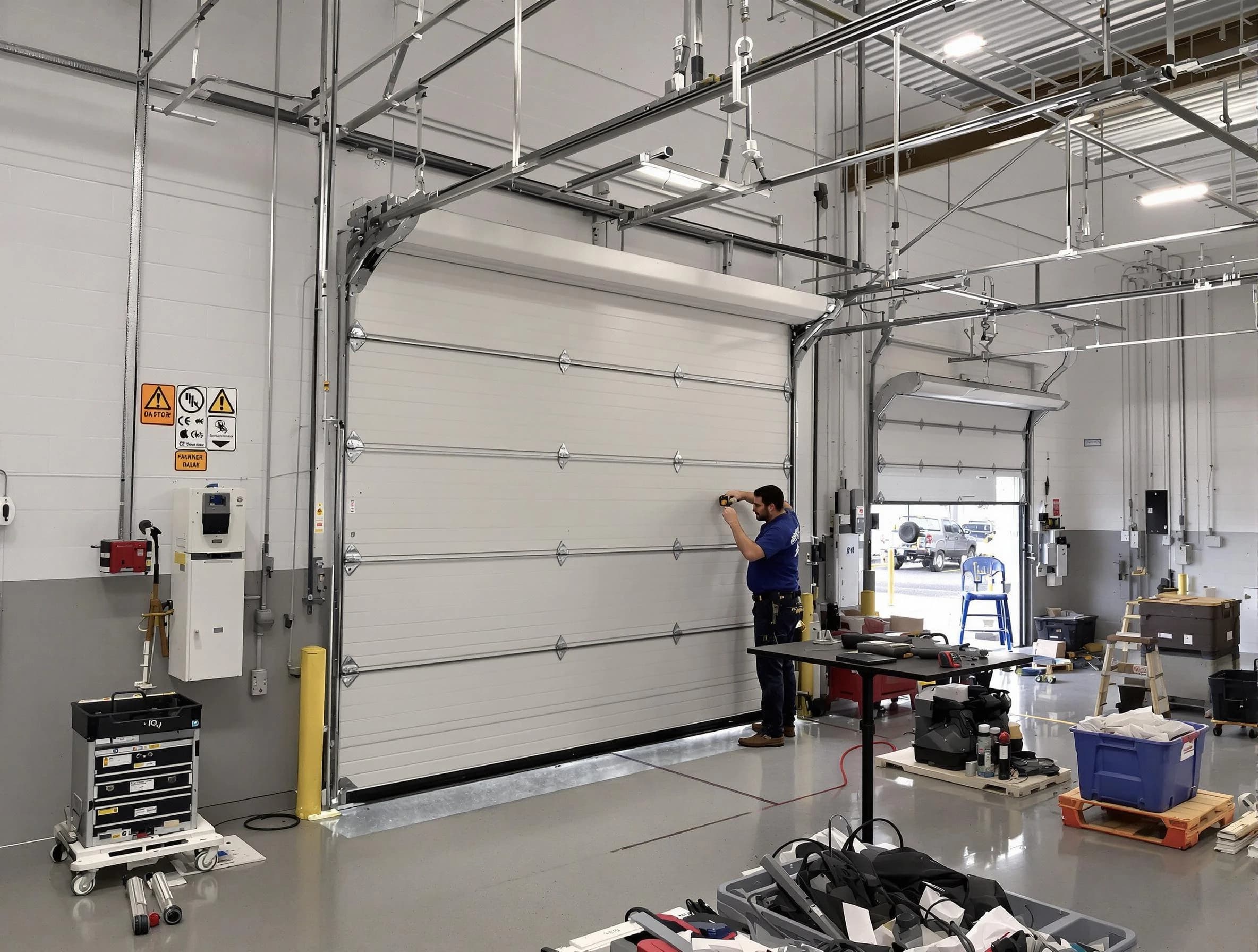 Commercial garage door repair being performed by Erie Garage Door Repair expert in Erie