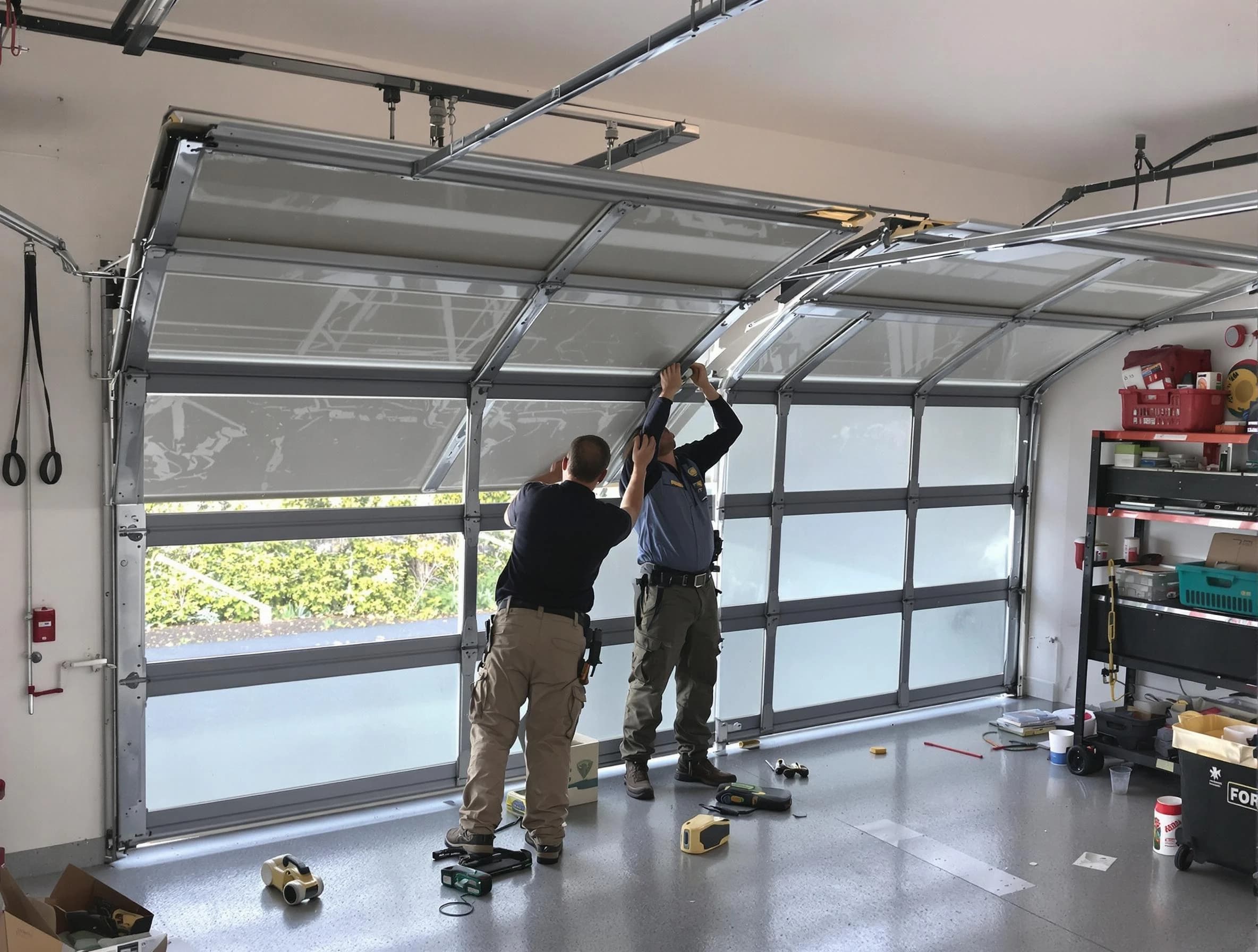 Erie Garage Door Repair expert performing precise panel replacement on Erie garage door