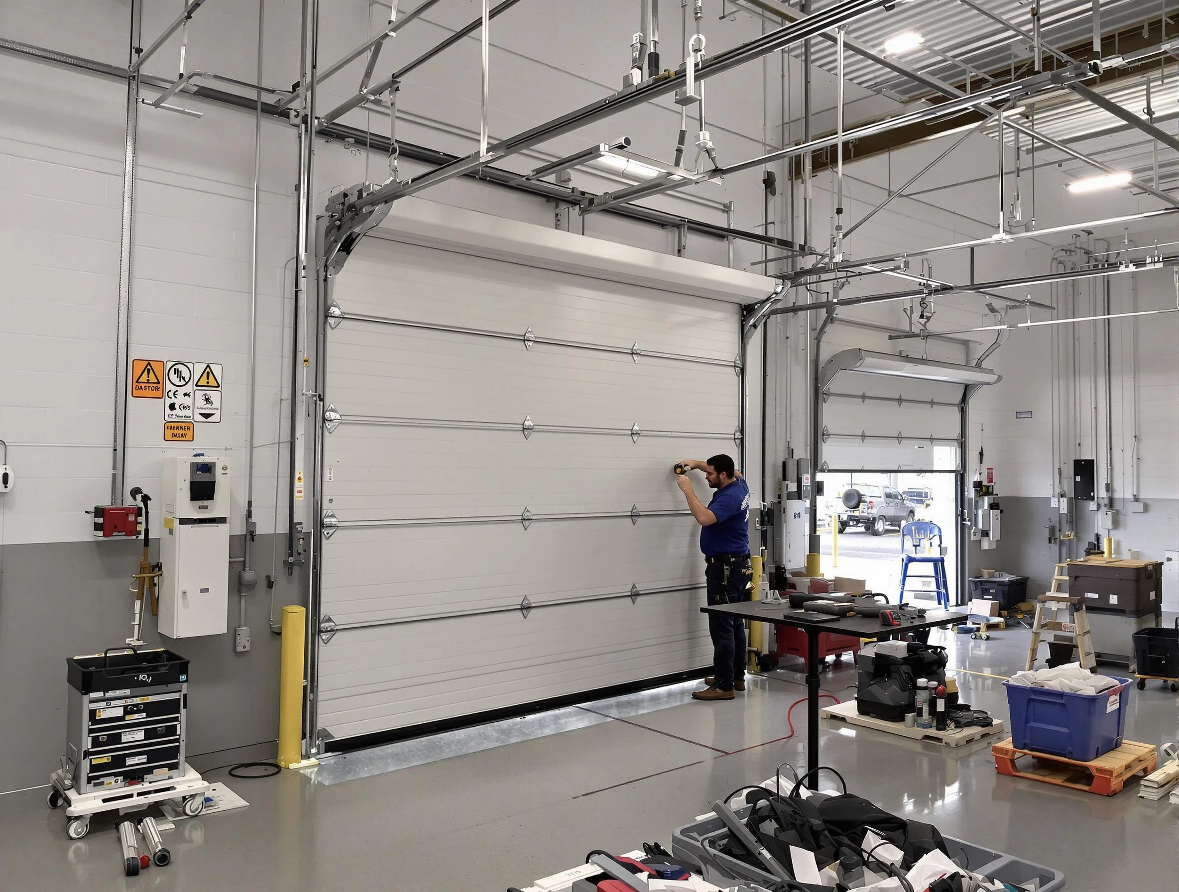 Commercial garage door repair being performed by Erie Garage Door Repair expert in Erie