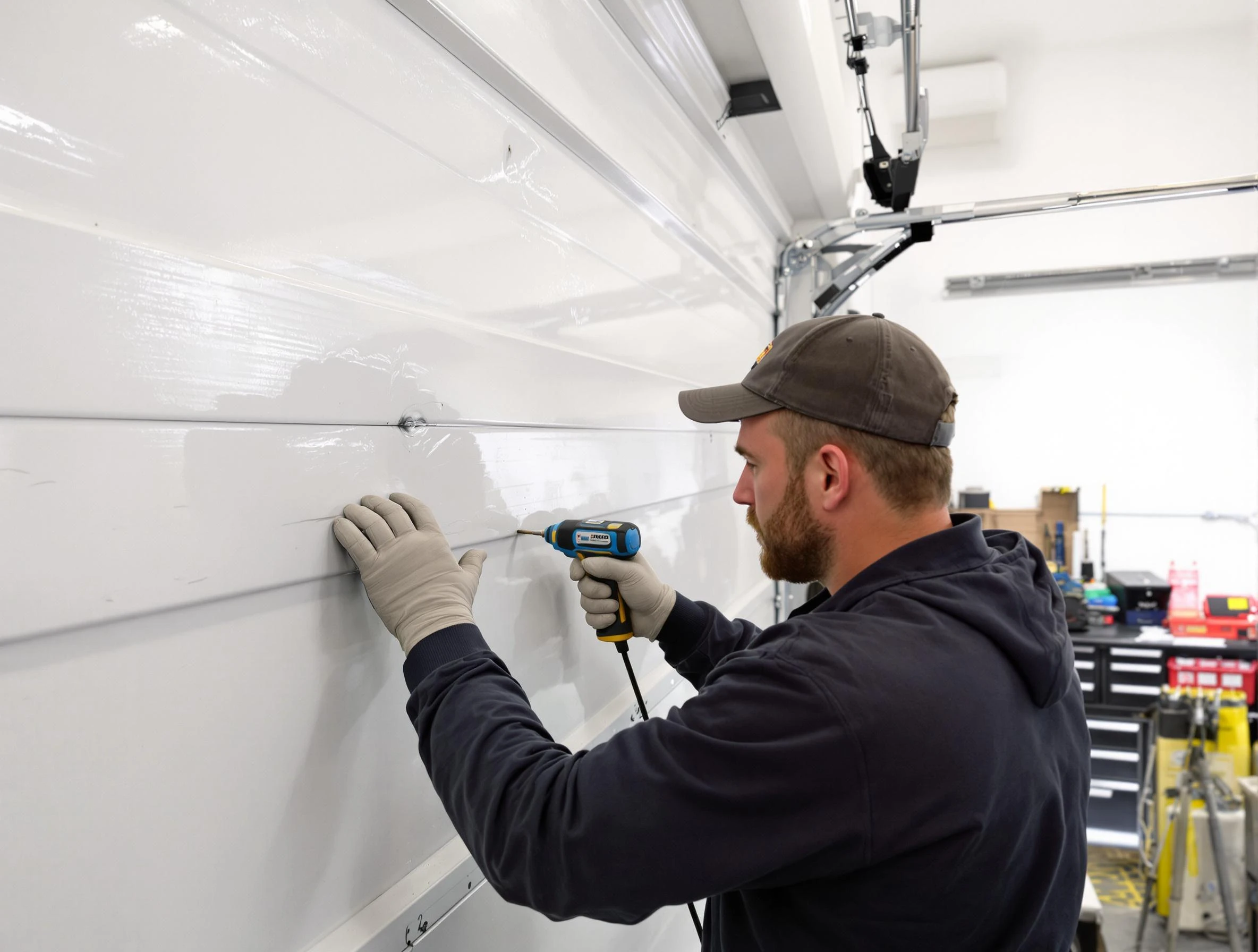 Erie Garage Door Repair technician demonstrating precision dent removal techniques on a Erie garage door