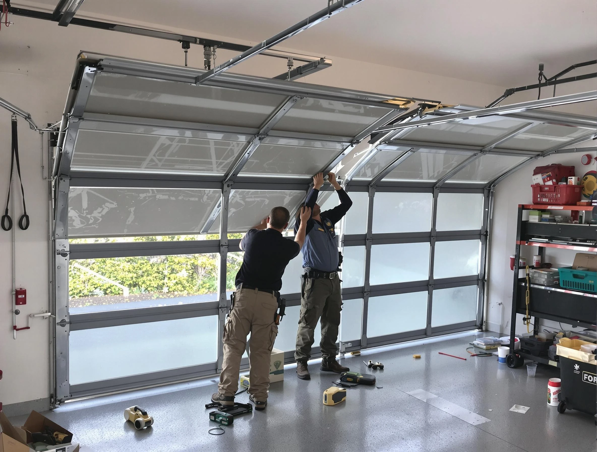 Erie Garage Door Repair expert performing precise panel replacement on Erie garage door
