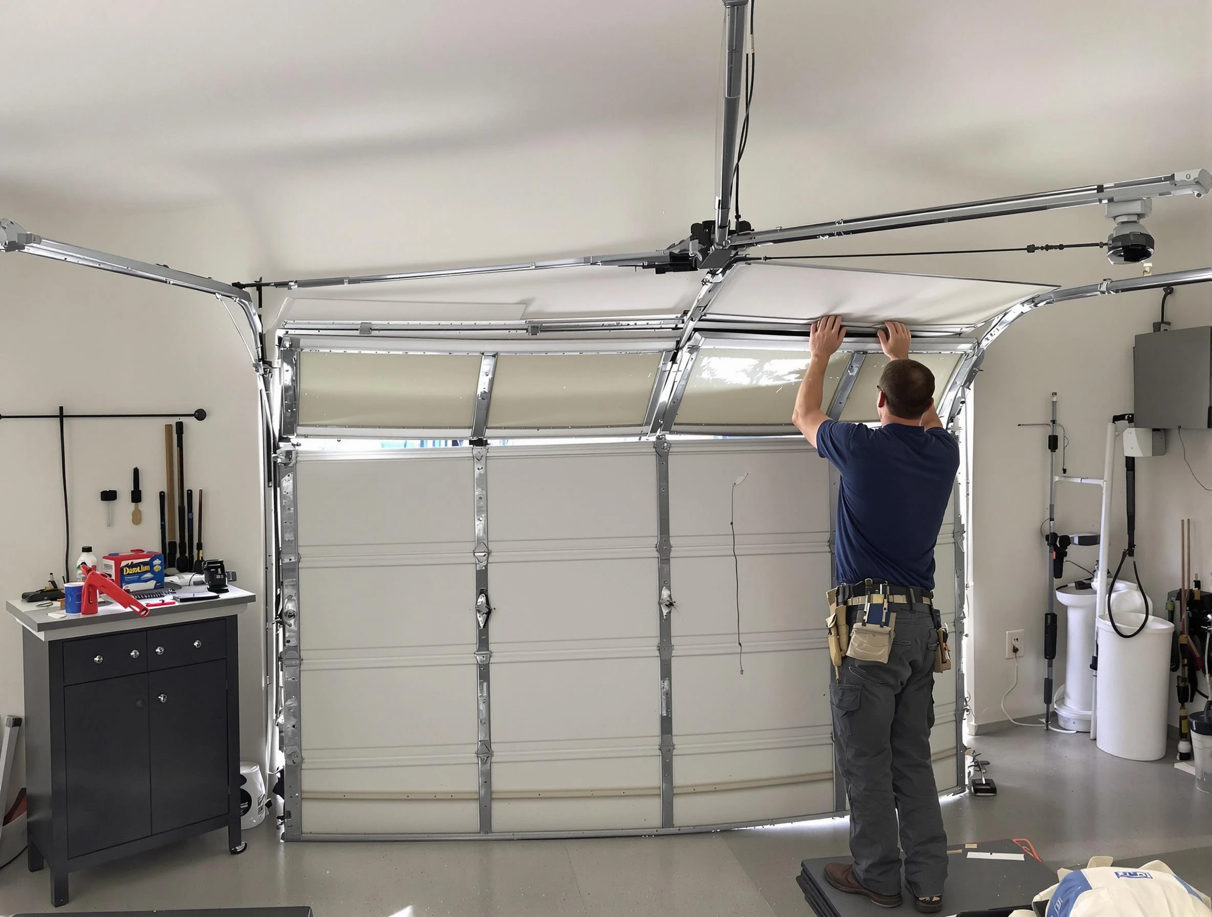 Erie Garage Door Repair specialist performing precise section replacement on Erie garage door